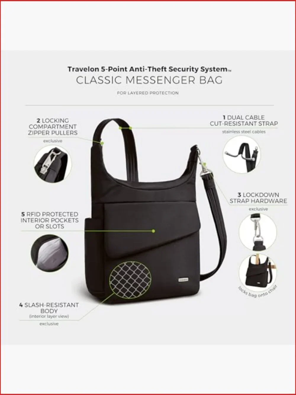 Anti-Theft Messenger Bag with RFID Blocking, Locking Zippers